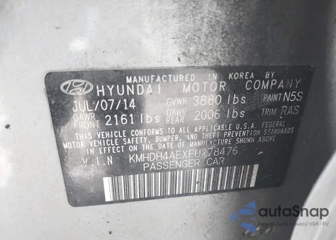 2015 Hyundai Elantra Se z USA, uszkodzony, nr VIN KMHDH4AEXFU278476